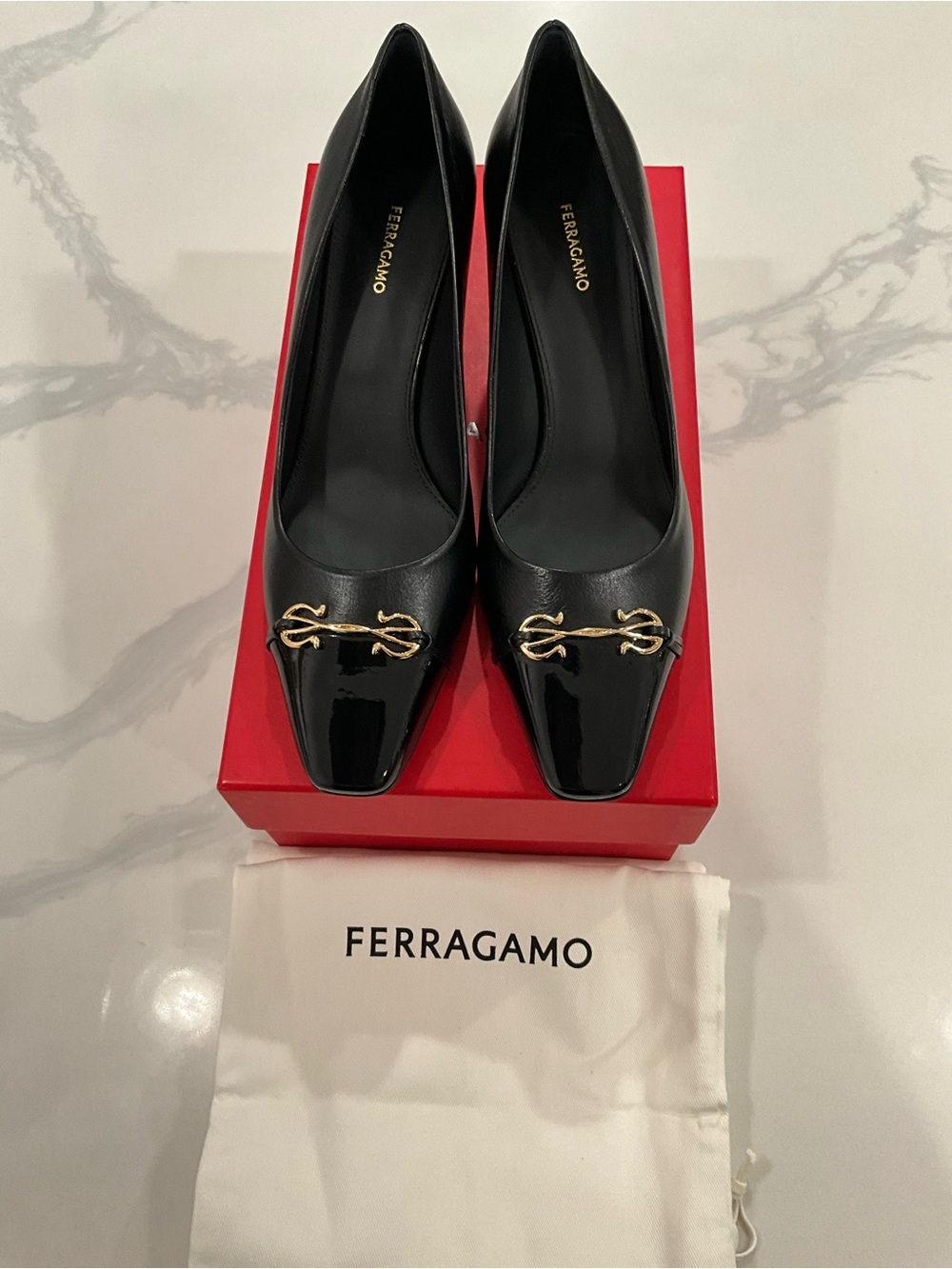 Ferragamo Bria 60 Black Leather Patent Cap Toe Pumps - Picture 2 of 7